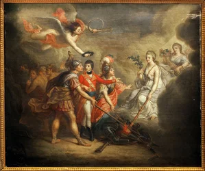 Der Frieden von Amiens. Am 25. März 1802 unterzeichneter Vertrag zwischen dem Vereinigten Königreich und seinen Verbündeten, dem Osmanischen Reich, auf der einen Seite und Frankreich, Spanien und Holland auf der anderen Seite. Das Gemälde zeigt Napoleon