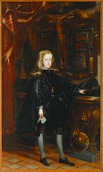 Karl II. in einem schwarzen Anzug mit dem Goldenen Vlies um den Hals. Sohn Philipps IV.