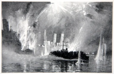 Motorboote retten Besatzungen der Blockschiffe in Zeebrugge, Illustration aus 