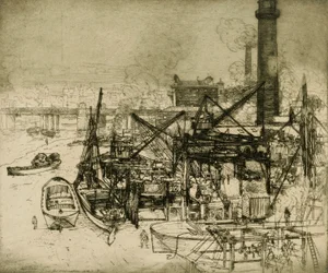 Schornsteine und Kräne an der Themse