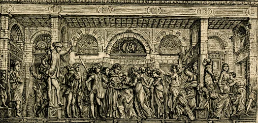 Wunder des sprechenden Neugeborenen, Altar des Heiligen Antonius, Bronze-Relief von Donatello, Basilika des Heiligen Antonius von Padua, Padua, Venetien, Italien, Holzschnitt aus Le cento città d