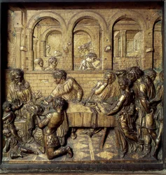 Das Gastmahl des Herodes Antipas II. (21 v. Chr.-39 n. Chr.). Detail des unteren Reliefs des Taufbeckens
