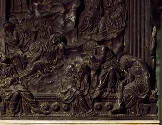 Anbetung im Garten, Detail vom linken Kanzel, von Donatello, Basilika des Heiligen Laurentius, Florenz, Italien