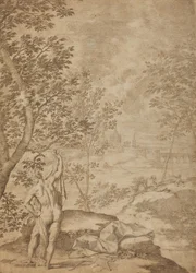 Apollo stehend in einer Flusslandschaft