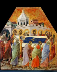 Das Begräbnis der Jungfrau, Johannes mit der Palme öffnet den Weg (Tempera auf Holz)