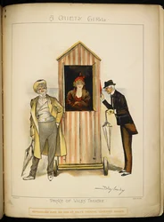 Ein Mädchen in einer mobilen Umkleidekabine am Strand an der Riviera. Zwei Männer, möglicherweise die Charaktere, der Richter und der Kaplan, warten draußen.