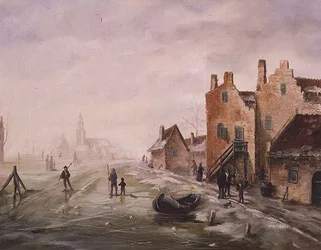Winterlandschaft mit Schlittschuhläufern im Vordergrund