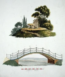 Ein rustikaler Stuhl und Tisch und eine Zierbrücke, aus 