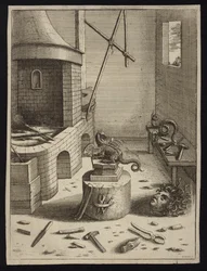 Bildhaueratelier mit dem abgeschlagenen Kopf der Medusa auf dem Boden (Gravur)