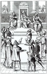 Beichte zur Wiedergutmachung vor dem Tribunal, nach einem Holzschnitt in Praxis Rerum Criminalium von Joos de Damhouder (1507-81) veröffentlicht in Antwerpen, 1556