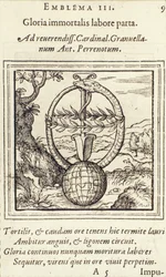 Gloria immortalis labore parta, Illustration aus Emblemata von Hadrianus Junius, veröffentlicht von Christophe Plantin, Antwerpen, 1565
