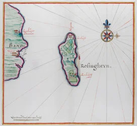 Karte, die einen kleinen Teil von Banda Besar (Lonthoir) und Hatta (Rosengain) zeigt. Die Banda-Inseln, Teil der indonesischen Provinz Maluku.