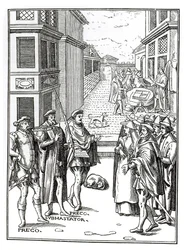 Verkauf durch den Stadtschreier, nach einem Holzschnitt in Praxis Rerum Civilium von Joos de Damhouder (1507-81) veröffentlicht in Antwerpen, 1557