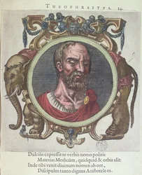 Theophrastos (ca. 372-287 v. Chr.), Illustration aus Veterum et Recentium Medicorum Philosophorumque Icones von Johannes Sambucus (1531-84), veröffentlicht von Plantin in Leyden 1603 (Farbstich)