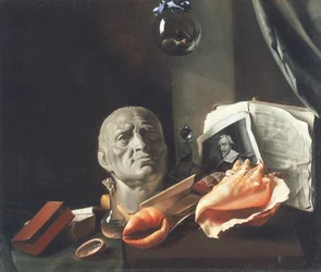 Vanitas-Stillleben mit einer Büste, Muscheln, Büchern und Glasflaschen