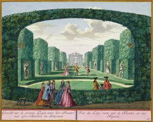 Blick von der grünen Loggia zum Theater, aus Het Zeganplant Kennemerlant, von Hendrick de Leth und Matthias Brouerius Van Nidek, veröffentlicht ca. 1700-1730