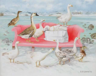 Gänse auf rosa Sofa, 2000