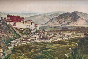 Die finsteren Klippen des rot ummauerten Palastes von Lihasa, perfekt auf seinem Hügel gelegen, ca. 1935