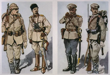 Türkischer Infanterist und Offizier (links) und bulgarischer Infanterieoffizier und Fußsoldat von 1917 (rechts) von 1917