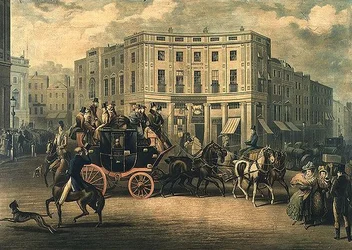 "The Age" Brighton Coach am Bull and Mouth, Regent Circus (Gravur)