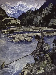 Angeln in einem Fluss, ca. 1900 (Illustration)