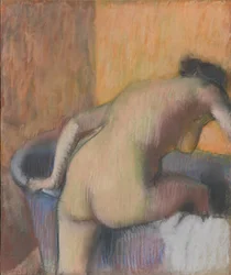 Badende, die in eine Wanne steigt, um 1890