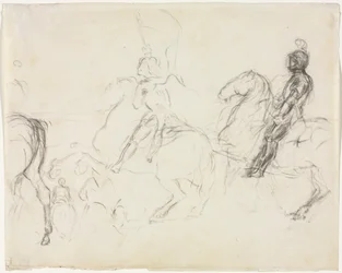 Kampfszene mit gepanzerten Figuren zu Pferd recto Zwei sitzende Frauen verso, 1856-1860