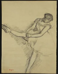 Sitzende Tänzerin, die ihren Strumpf richtet, ca. 1880