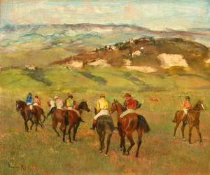 Jockeys zu Pferd vor fernen Hügeln, 1884
