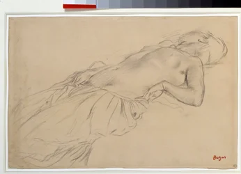 Auf dem Rücken liegende nackte Frau, Studie für „Kriegsszene im Mittelalter“. Maße: 0,22 x 0,35 m. Paris, Louvre