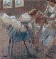 Drei Tänzer bereiten sich auf den Unterricht vor, ca. 1880