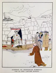 Wilhelm von Rubruk (ca. 1200-ca. 1256) vor dem Tatarenherrscher Möngke im Jahr 1251, aus „A la Conquete du Monde Paien“ von Georges Goyau (1869-1939), 1933