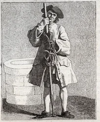 Der Brunnenreiniger - Kleines Gewerbe in Paris („Études prises dans le bas Peuple, ou les Cris de Paris“) - Gravur von Edme Bouchardon (1698-1762)