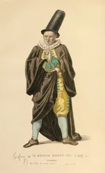 Kostüm für die Rolle des Scanarelle, um 1868 (Gravur)