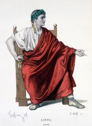 Die Figur des Augustus in der Tragödie Cinna (oder die Gnade des Augustus) - Gesamttheater: (Sammlung von Stücken von Corneille) Zeichnung von Geffroy, Gravur von L. Wolff - ed. Laplace, Sanchez et Cie, Paris 1884