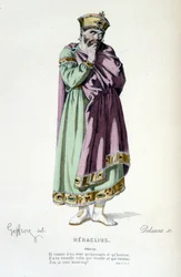 Die Figur des Phocas in der Tragödie Heraclius - Vollständiges Theater: (Sammlung von Stücken von Corneille) Zeichnung von Geffroy, Gravur von Delanoix - ed. Laplace, Sanchez et Cie, Paris 1884