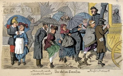 Eine Omnibushaltestelle im Regen - humoristische Zeichnung von Lavrate, ca. 1880