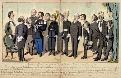 Karikatur über die französische Gesellschaft von Lavrate: die verschiedenen Figuren aus dem öffentlichen Dienst, Verwaltungsdienste... bei einem offiziellen Empfang. 1880