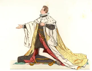 Cosme II de Medicis (1590-1621), Großherzog der Toskana (Italien) - Lithographie basierend auf einer Illustration von Edmond Lechevallier-Chevignard (1825-1902), aus „Historische Kostüme des 16.