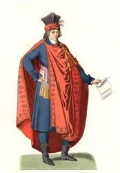 Kostüm eines Volksvertreters, Frankreich 18. Jahrhundert, nach einem zeitgenössischen Stich - Lithographie basierend auf einer Illustration von Edmond Lechevallier-Chevignard (1825-1902), entnommen aus Costumes historiques des 16e