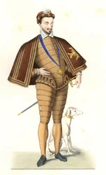 König Heinrich III. von Frankreich (1551-1589), mit dem Halsband des Ordens des Heiligen Geistes - Lithografie nach einer Illustration von Edmond Lechevallier-Chevignard (1825-1902), aus „Historische Kostüme des 16. Jahrhunderts“