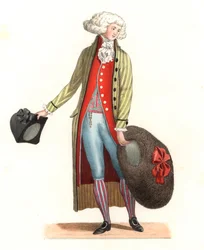 Junger Franzose in Mode des 18. Jahrhunderts - Lithografie nach einer Illustration von Edmond Lechevallier-Chevignard (1825-1902), aus „Historische Kostüme des 16. Jahrhunderts“