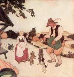 „Und als er Weiße Caroline sah, begann er auf seiner Orgel die schönsten Melodien zu spielen, die man hören konnte, und die drei kleinen Hunde begannen zusammen zu tanzen“, Illustration aus dem flämischen Märchen Weiße Caroline und Schwarze Caroline