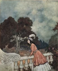 Blaubart: Blaubarts junge Frau Fatima fragt ihre Schwester Anne, ob sie ihre Brüder vom Turm aus sieht, ca. 1910 (Lithografie)