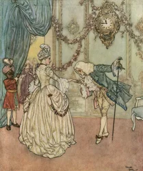 Aschenputtel: Die junge Aschenputtel kam dank ihrer Patin zur Ball und trifft den Prinzen, der ihre Hand küsst, um 1910