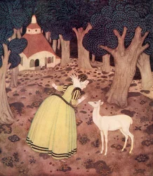„Giroflée dankte der Fee und ging weit in den Wald hinein; und dort sah sie tatsächlich eine Hütte und eine alte Frau, die davor saß“, Illustration aus dem französischen Märchen Die Hindin des Waldes, aus Edmund Dulacs Märchenbuch: Märchen der alliierten