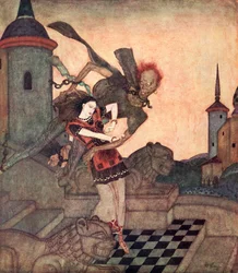 "Der Prinz, der hinausschaute, sah ihn die Prinzessin aufheben und schnell davonfliegen", Illustration aus dem serbischen Märchen Die Geschichte von Bashtchelik, aus Edmund Dulacs Märchenbuch: Märchen der Alliierten Nationen, veröffentlicht 1916