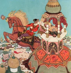 "Das kastanienbraune Pferd schien in der Luft zu verweilen, während dieser Kuss andauerte", Illustration aus dem russischen Märchen Iwan und das Kastanienbraune Pferd, aus Edmund Dulacs Märchenbuch: Märchen der Alliierten Nationen, veröffentlicht 1916