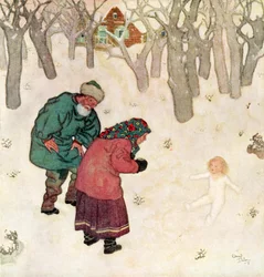 "Das zierlichste, hübscheste kleine Mädchen, das sie je gesehen hatten", Illustration aus dem russischen Märchen Snegorotchka, aus Edmund Dulacs Märchenbuch: Märchen der Alliierten Nationen, veröffentlicht 1916