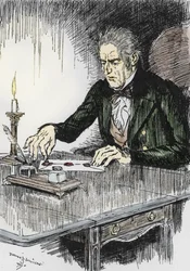 Dr. Jekyll schließt den Brief, in dem er gesteht, Mr. Hyde der Mörder zu sein, Illustration von Edmund Joseph Sullivan (1869-1933) für den Roman „Der seltsame Fall des Dr. Jekyll und Mr. Hyde“ von Robert Louis Stevenson (1850-1894) 1927
